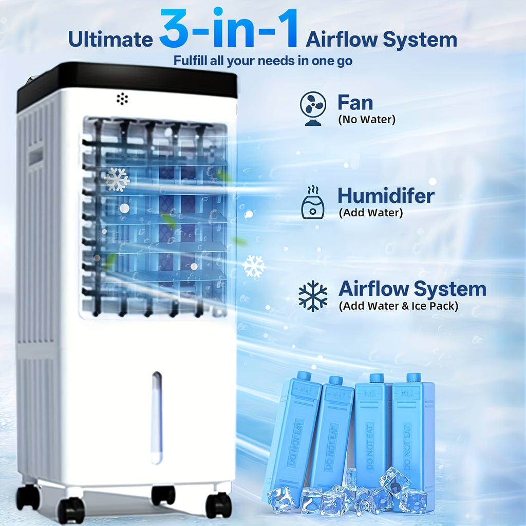Three-in-One Air Cooler Fan in White with Listed Humidifier, Misting, Remote Control and Oscillation Features for Suitable Patio and Garden Lounging Areas