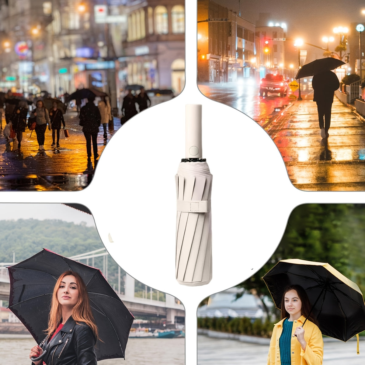 Automatic Folding Umbrella for Men and Women with Listed Reinforced Fiberglass Ribs, Compact Sun and Rain Carry in Five Colors for Daily Outings