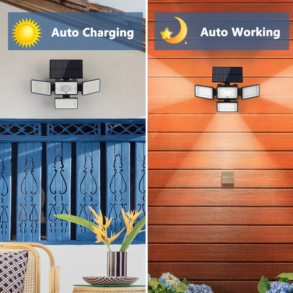 Four-Head Solar Motion Sensor Outdoor Lights, 2-Pack 288 LED Floodlights with Remote Control, 4 Lighting Modes and IP65 Rating for Yard, Patio and Garage