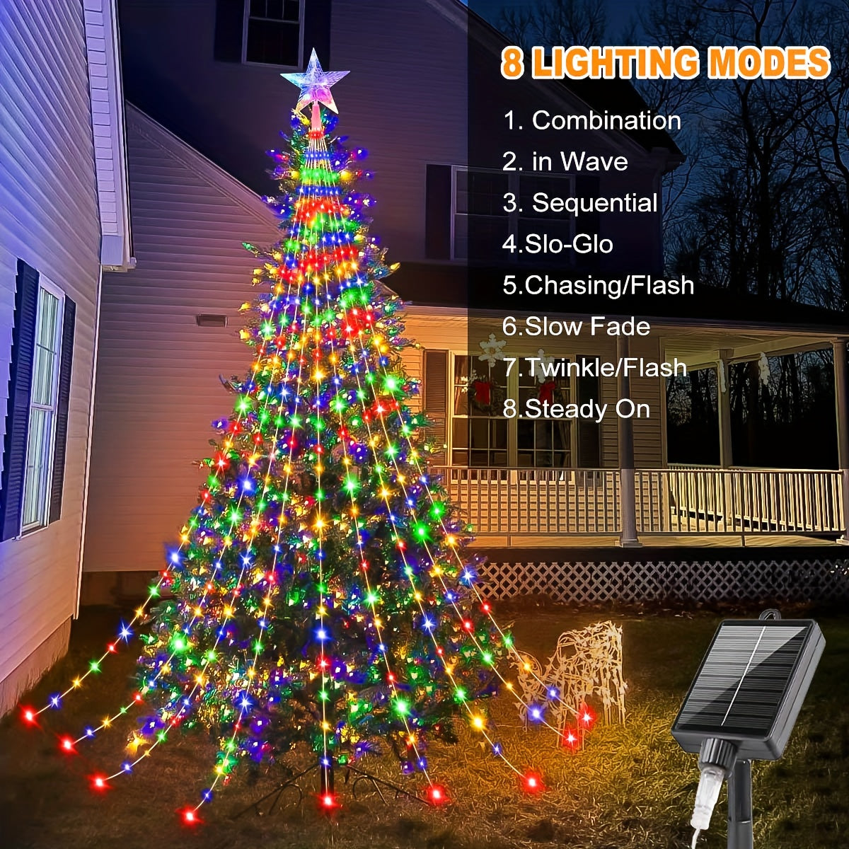 Solar Star Waterfall String Lights with White Color Label, 280LED-3M Model and Eight Listed Modes for Christmas, Garden Wedding and Seasonal Decorative Displays