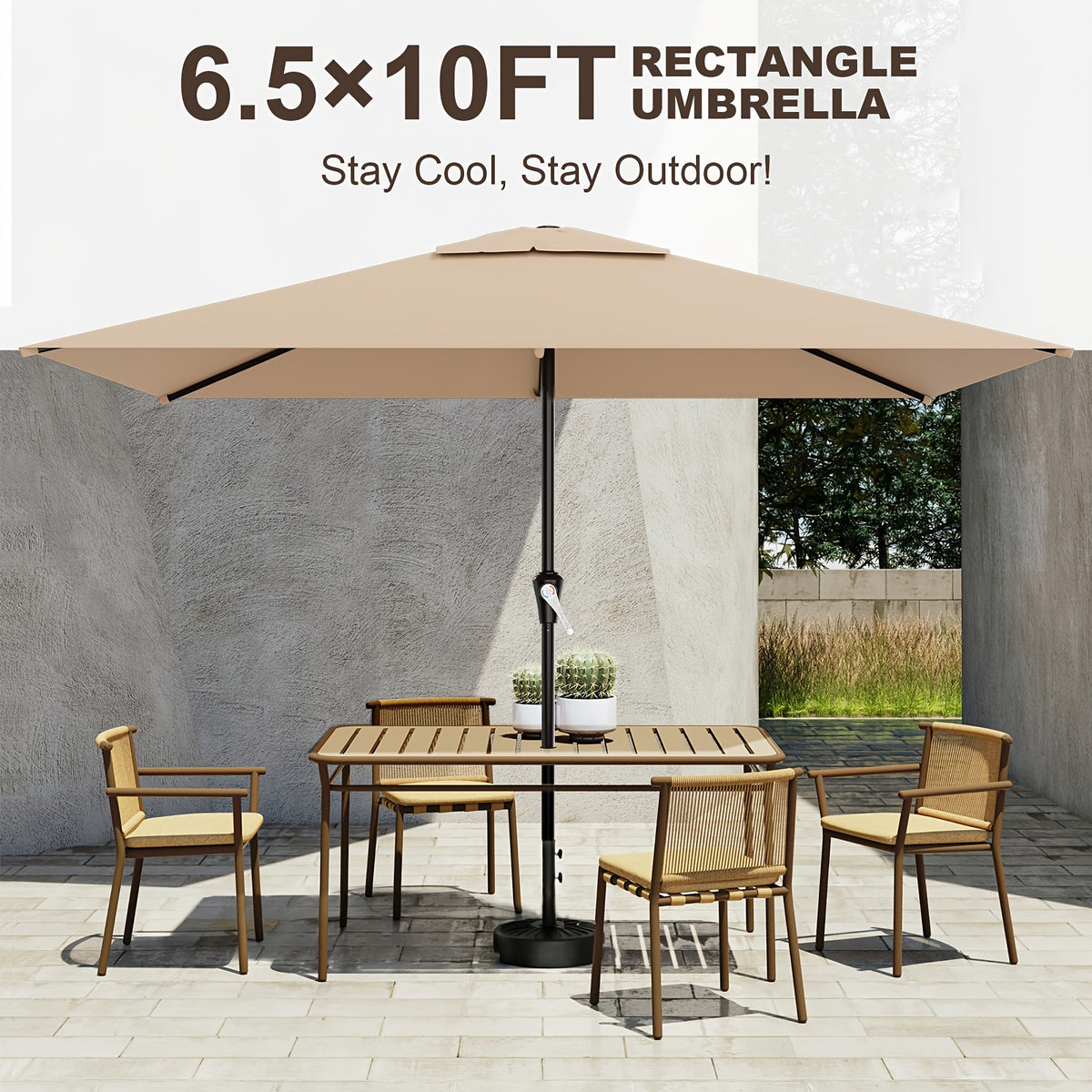 Rectangular Patio Umbrella with Listed 6.5 x 10 ft Canopy, Crank Operation and Six Ribs, Eight Color Options for Outdoor Dining Tables, Decks and Poolside Seating