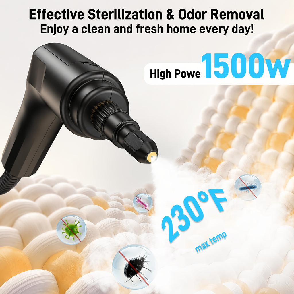 Portable Handheld Steam Cleaner with White 1200W Fixed-Steam or Black and White 1500W Adjustable-Steam Option Labels, Three or Nine Listed Accessories