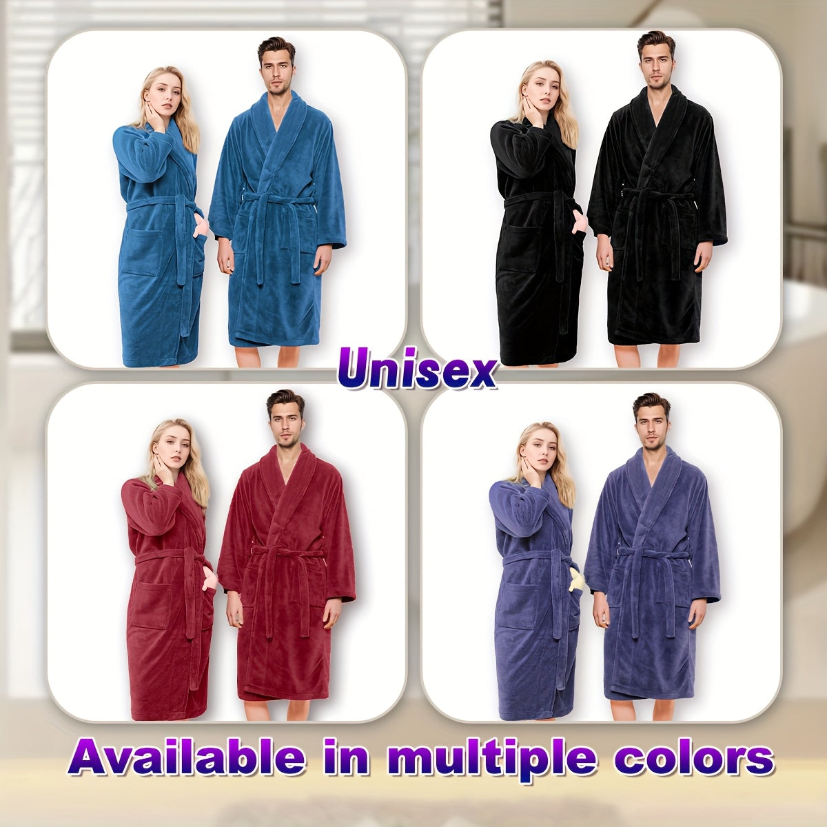 Coral Fleece Bathrobe for Men and Women with Shawl Collar, Adult Home Lounge Robe in S, M, L or XL Size Labels and Four A–D Color Selections