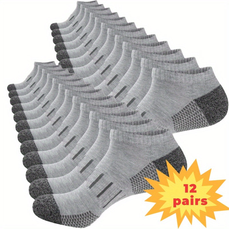 Men's Cushioned Low-Cut Socks 12-Pair Pack, 100% Polyester Knit Casual Socks in Black or Dark Gray with One-Size Label for Everyday Shoe Pairing