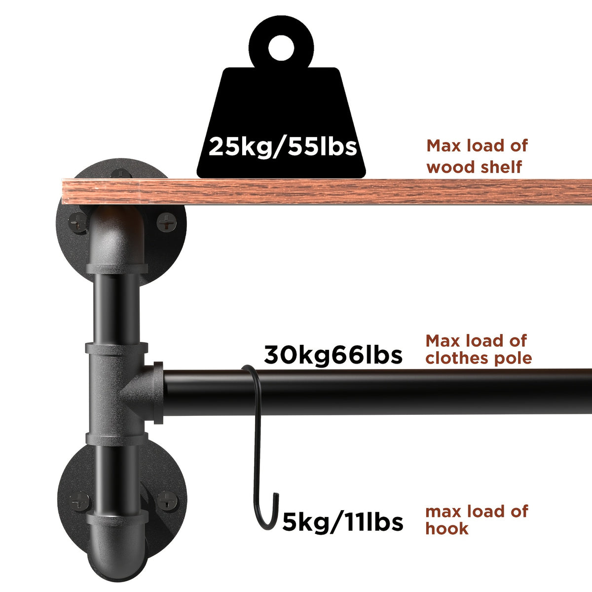 Industrial Pipe Clothes Rack by AESOME, 39.3-Inch Wall-Mounted Hanging Rod with Wood Top Shelf and Three Hooks in Black and Dark Brown for Closet Storage