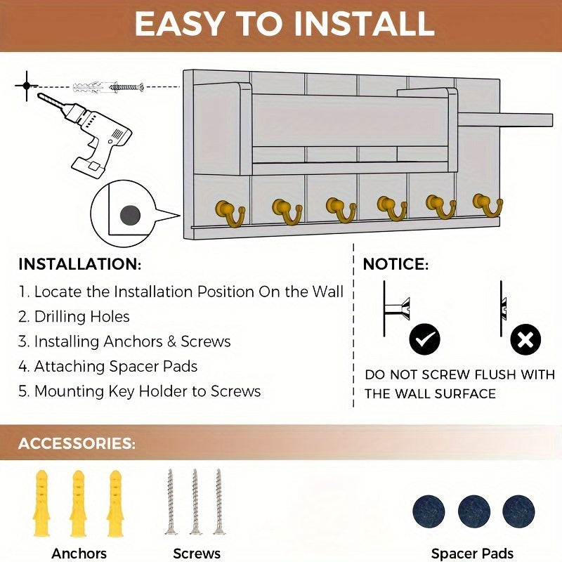 Wall Key and Mail Organizer with Tray, Five-Color Entryway Key Rack for Hallway and Kitchen Storage in White, Grey, Black, Brown or Light Brown-1