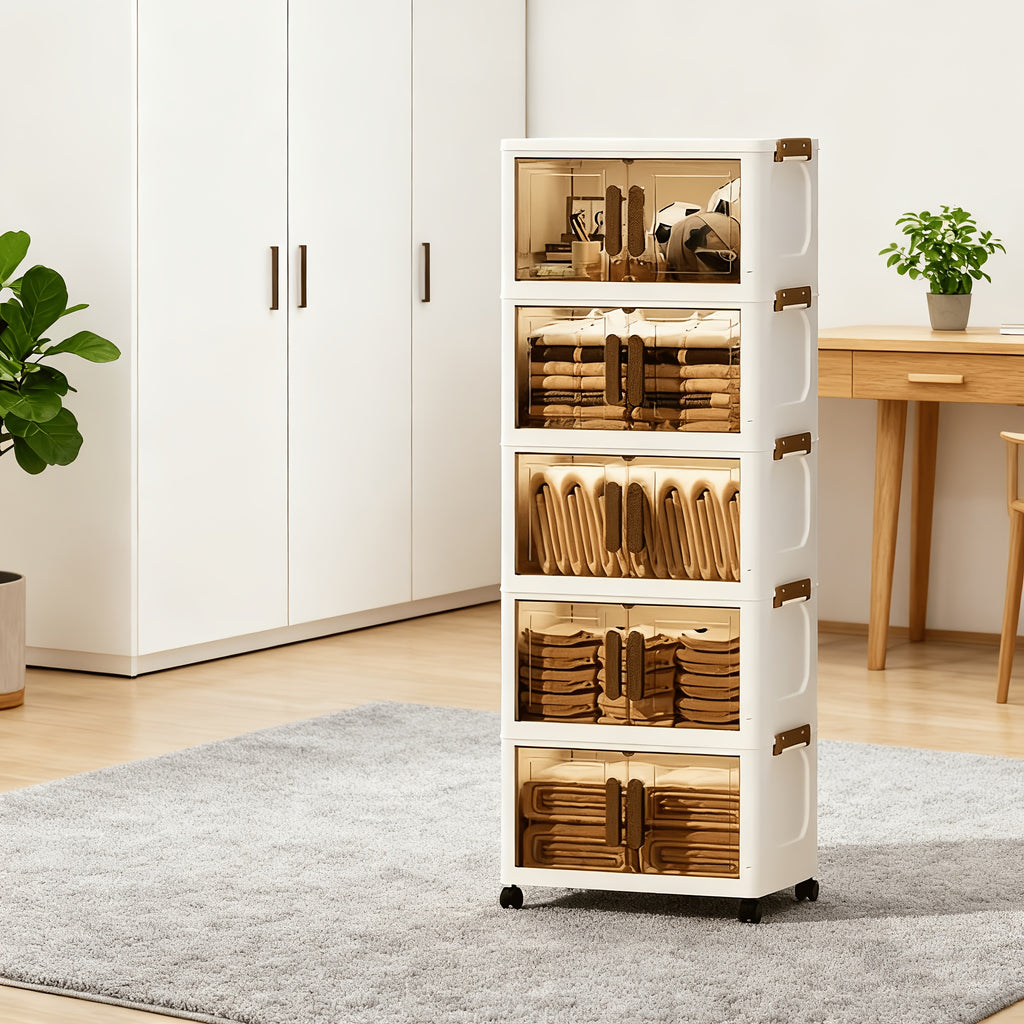 Foldable Plastic Storage Cabinet with Wheels and Transparent Organizer References, White 3pcs, 4pcs or 5pcs Models for Bedroom and Living Room Organization