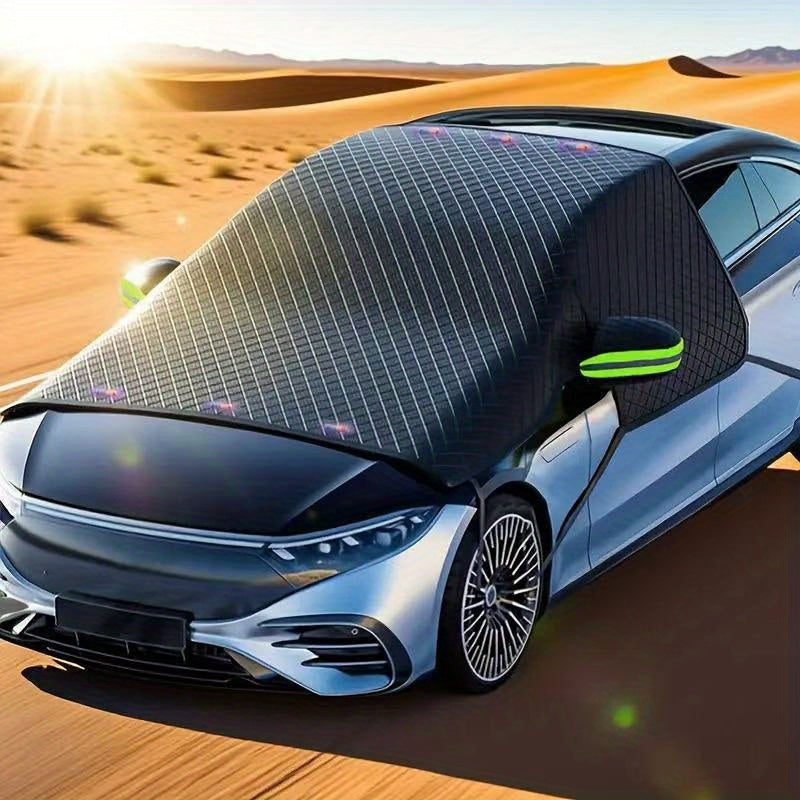 Oxford Fabric Windshield Cover in Green Reflective Style, One-Piece Front Window Snow and Sun Protector for Compatible Parked Cars, SUVs and Trucks