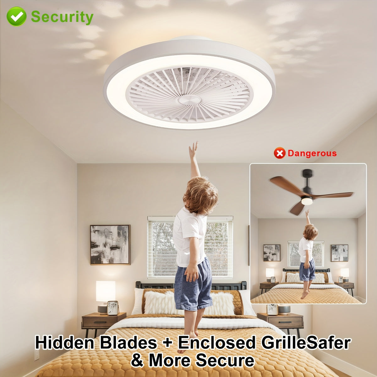 Enclosed Ceiling Fan with Light and Remote, 20-Inch Design with 1800K Amber Nightlight, Dimmable 3000K-6500K Lighting and Six-Speed Reversible DC Motor