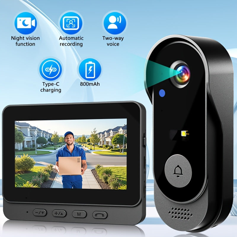 Wireless Video Doorbell Set with Listed 4.3-Inch Display, No-WiFi No-App Connection, Two-Way Intercom and SD Card Support for Home Visitor Viewing