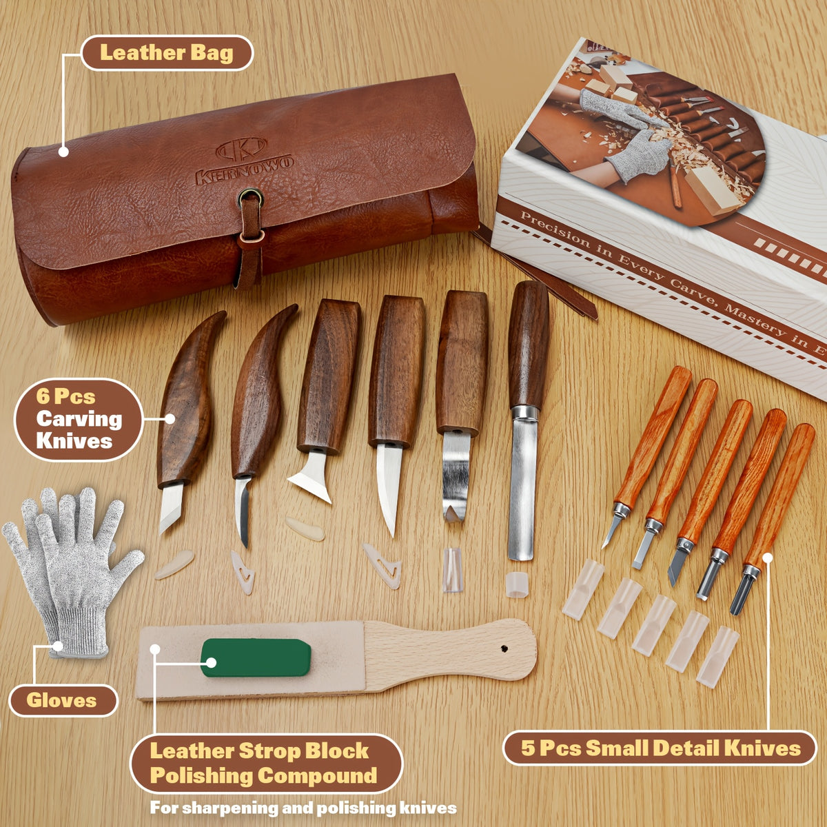 Wood Carving Knife Set with 15, 17, 20 or 23-Piece Options, Listed PU Case Packages and Detail, Hook and Geometric Tool Wording for Adult Woodworking Crafts
