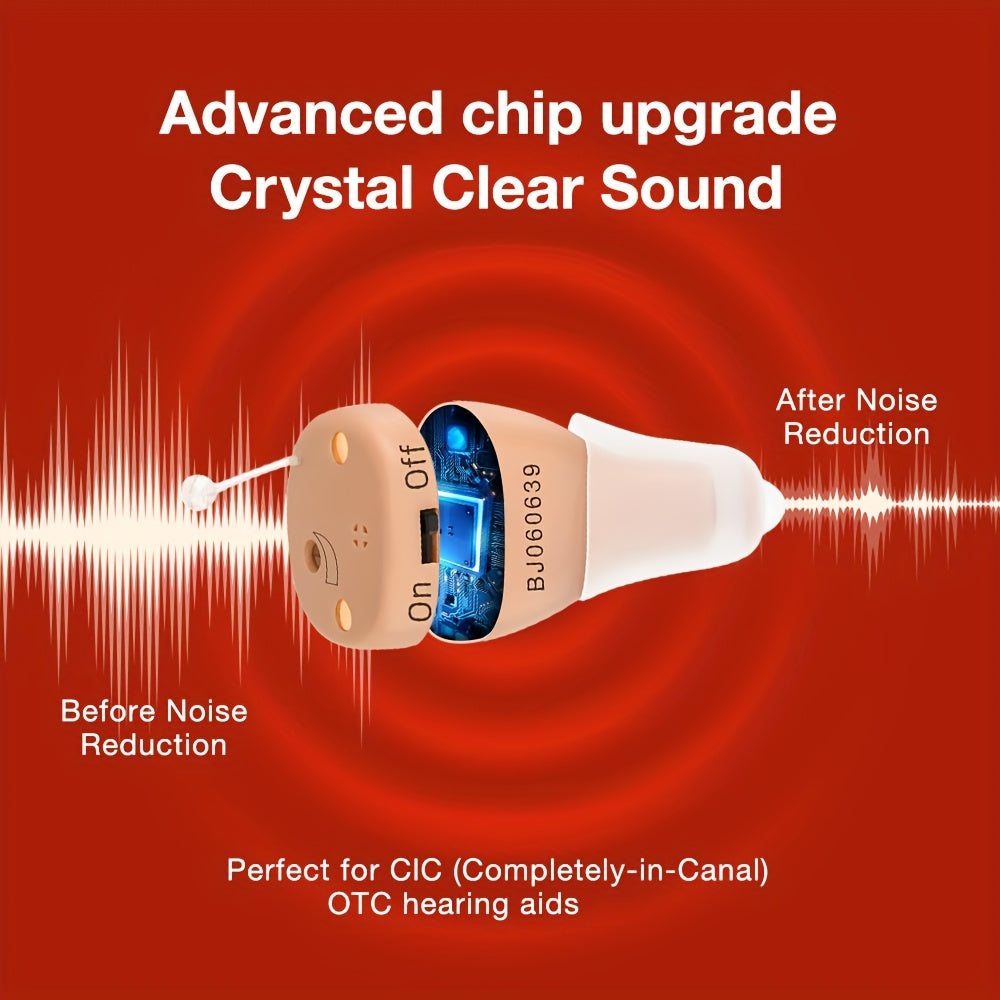 In-Ear Rechargeable Hearing Amplifier Pair with Listed Charging Case, K19RC and K19S Model Labels in Beige, RedBlue or Black for Adult Device Comparison