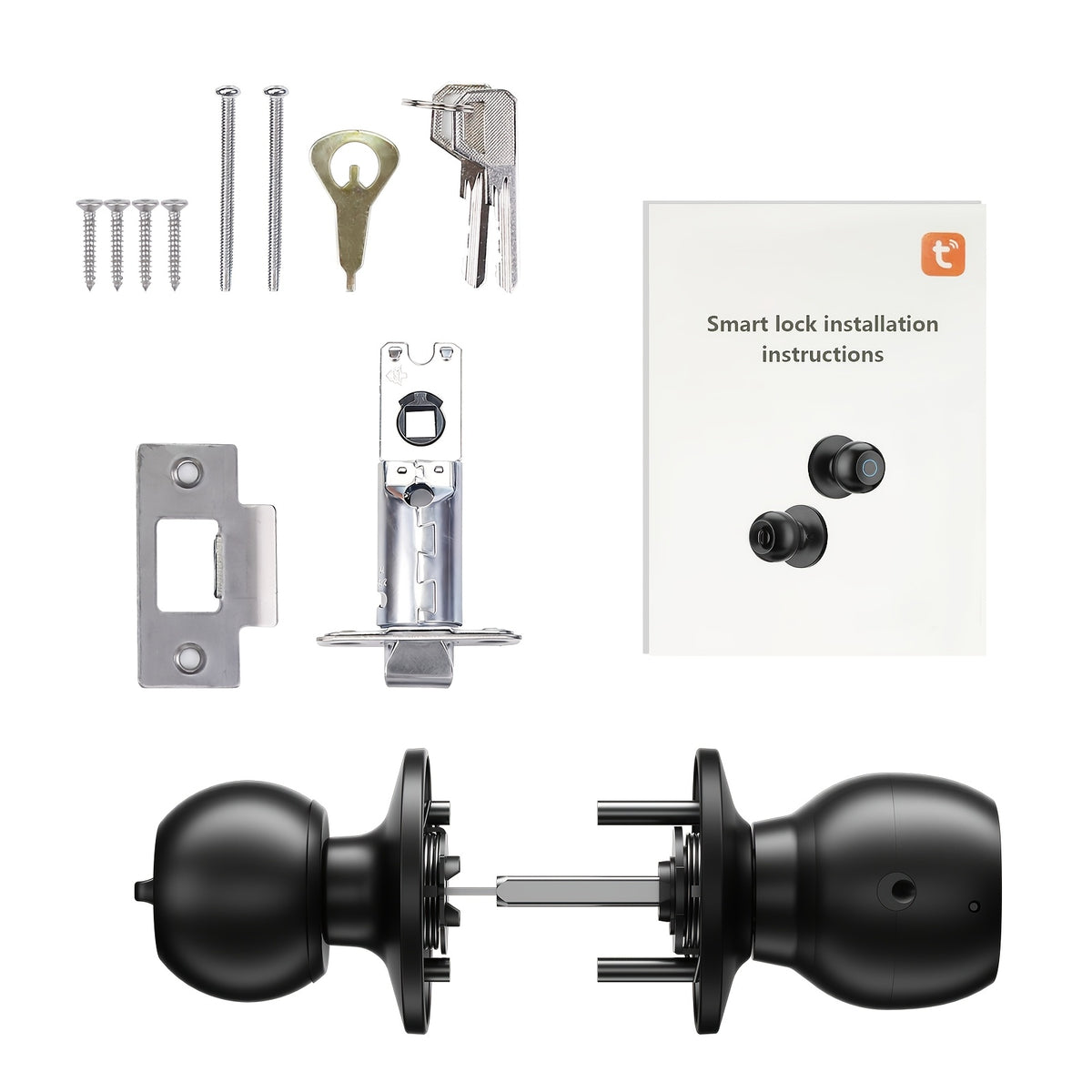 Biometric Smart Door Knob Lock in Black with Fingerprint Entry, App-Controlled Wireless Connection and Physical Key Access for Compatible Bedroom, Home and Office Doors
