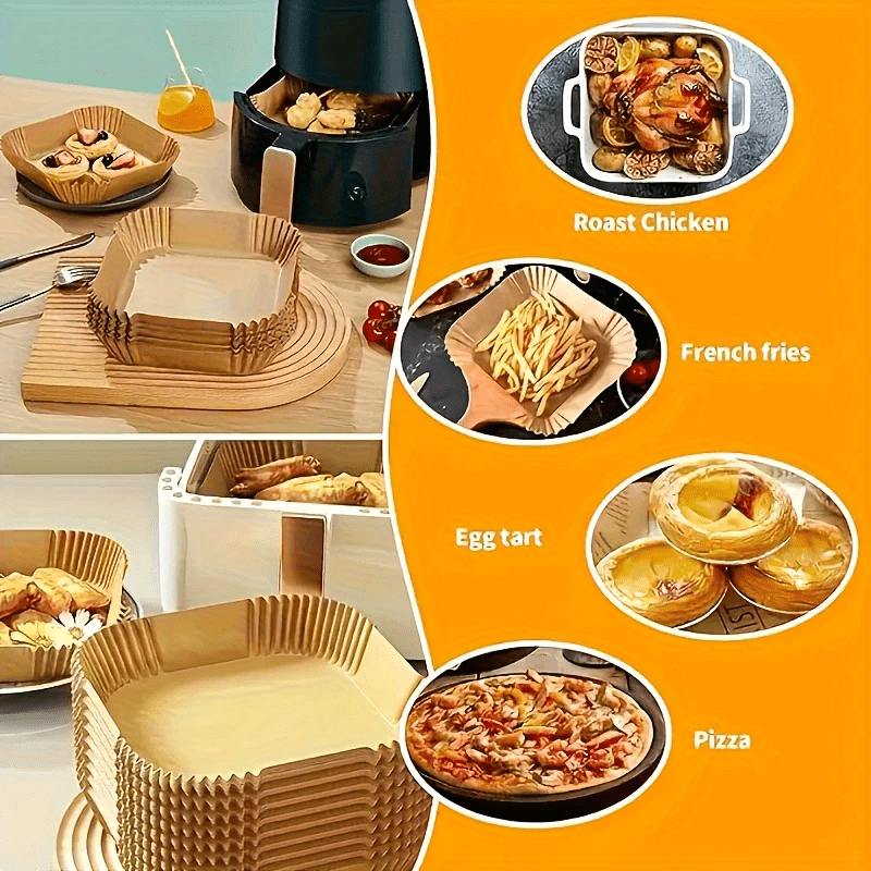 Square Air Fryer Paper Liners, 8-Inch Unbleached Disposable Baking Pads with Nonstick and Ruffled Edge Design, 50 100 or 200 Pieces for Home Cooking Prep