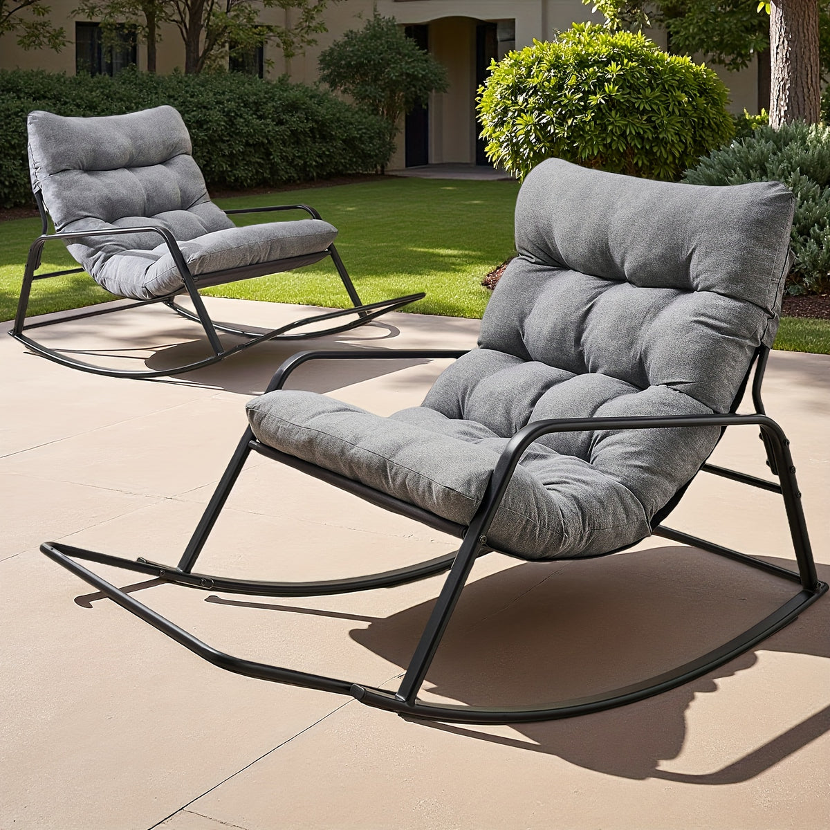 Patio Rocking Chair with Cushion in Papasan Egg Style, Grey, Beige, Khaki or Black with One or Two-Piece Options for Deck Lounging and Garden Reading