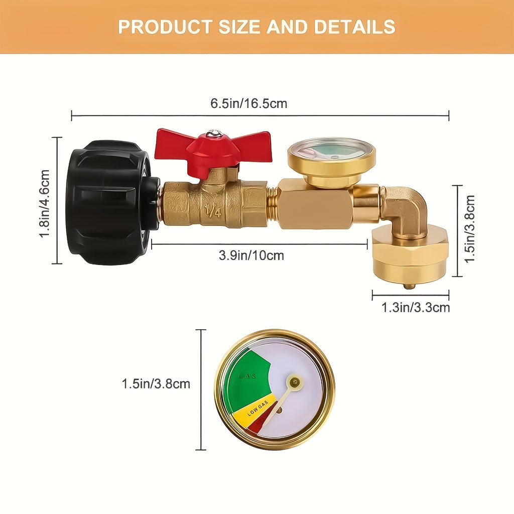 QCC1 Propane Elbow Adapter with Gauge and On-Off Valve, Brass 90-Degree Type1 Connector with Luminous Dial and Bottle Cap for Compatible Equipment