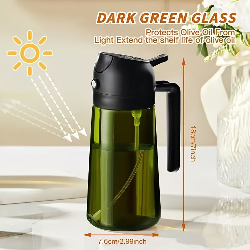 Olive Oil Sprayer and Dispenser Bottle, Listed 16 Oz Dark Green Glass with Black Cap and Six Stickers for Two-in-One Pouring and Cooking Oil Spray in Kitchen and BBQ Prep