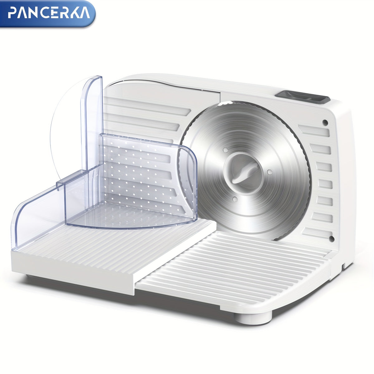 Adjustable Deli Food Slicer by PANCERKA in White, One Electric Cutting Machine with Listed 0–15mm Thickness Range and 130–200W Wording for Compatible Kitchen Foods