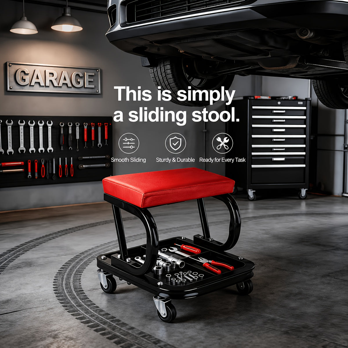 Wheeled Mechanic Creeper and Sliding Stool Options in Red or Grey, Foldable 3-in-1 Crawler or Non-Foldable Model for Garage Work Planning