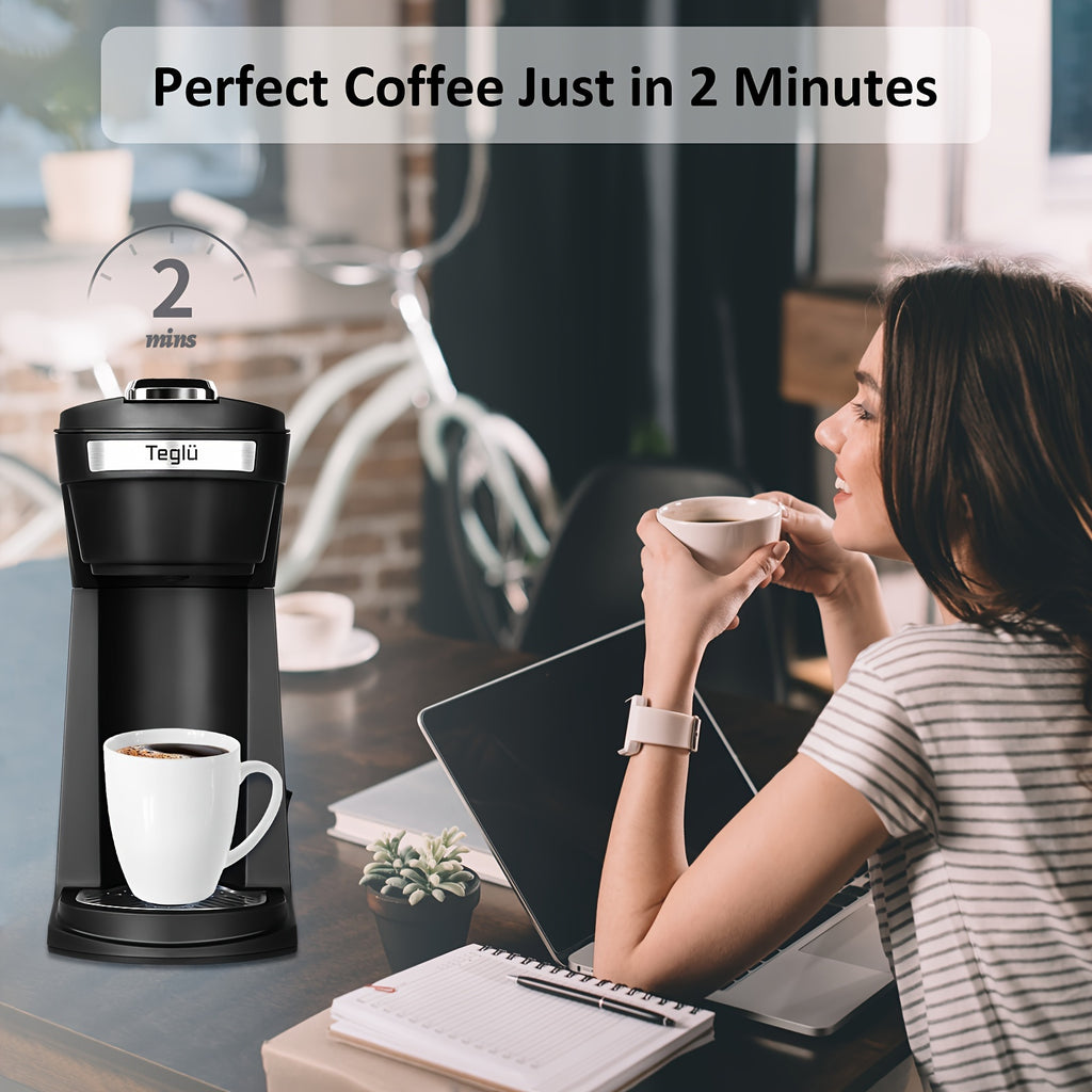 Single Serve Coffee Maker 2 in 1 for K Cup Pods & Ground Coffee, One-Button 2-Minute Brew, 6-14 oz Sizes, Auto Off, Compact for Office, Travel & Dorm, 4 Colors