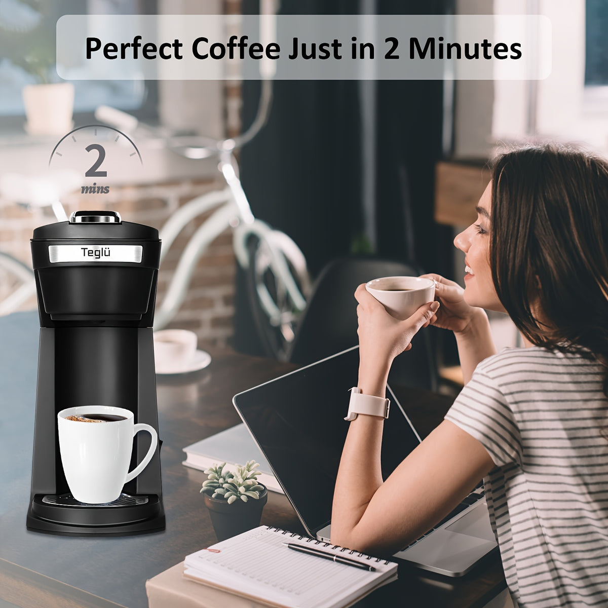 Single Serve Coffee Maker 2 in 1 for K Cup Pods & Ground Coffee, One-Button 2-Minute Brew, 6-14 oz Sizes, Auto Off, Compact for Office, Travel & Dorm, 4 Colors