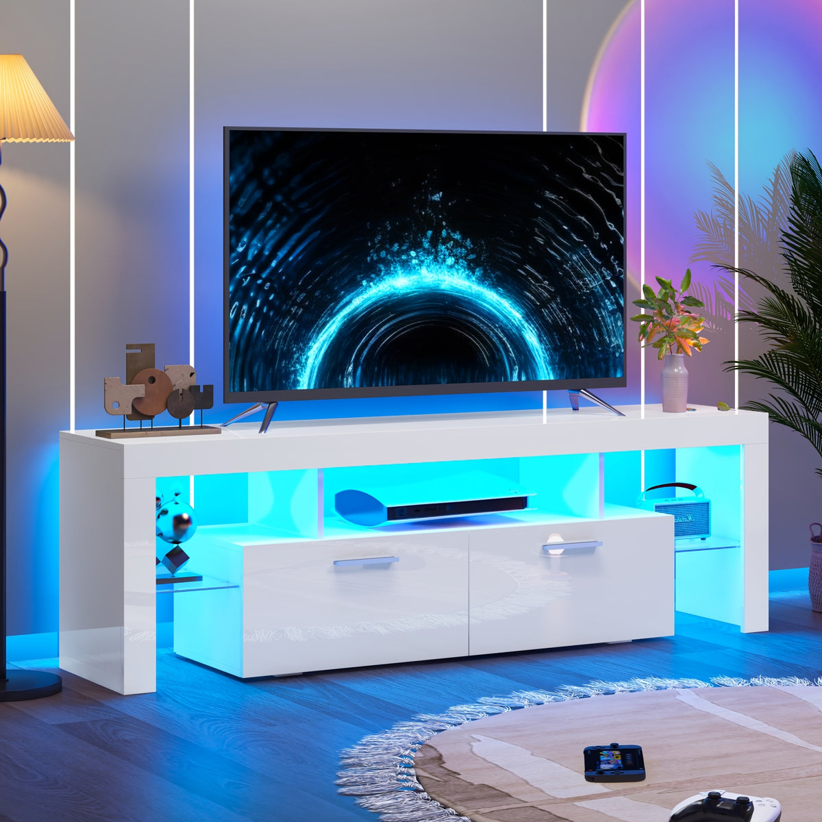 White LED TV Stand with Cabinet Storage and Glass Shelves, Modern Media Console for Living Room and Game Room in 130, 167 or 180 cm Model Options