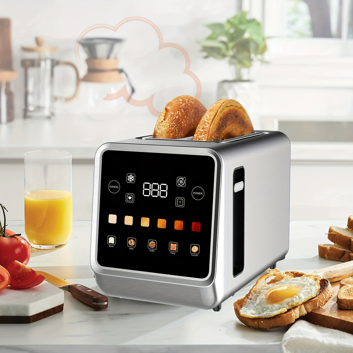 Seven-Shade Touchscreen Two-Slice Toaster with Listed Five Bread Selections, 1.5-Inch Slots, Bagel, Defrost, Cancel and Reheat Functions, Stainless Steel Options