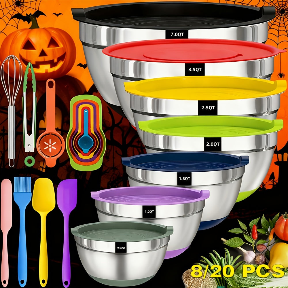 Silicone-Base Nesting Mixing Bowls with Listed Stainless Steel Construction and Lids, Multicolored or Black-8pcs Options for Baking, Food Prep and Serving