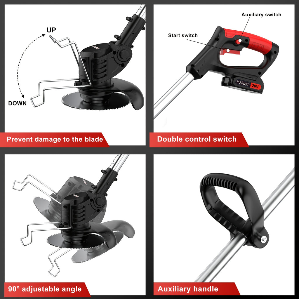 Adjustable Cordless Grass Trimmer with Rotating Head, Listed Three Blades and Two Batteries, Standard Red or Upgraded Color Options for Home Lawn and Garden Maintenance