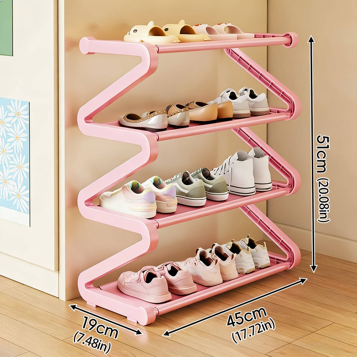 Z-Shaped Shoe Rack with Listed Four-Tier Design and Tool-Free Assembly, Metal Tubes and Plastic Connectors in Five Color and Model Options for Dorm Storage
