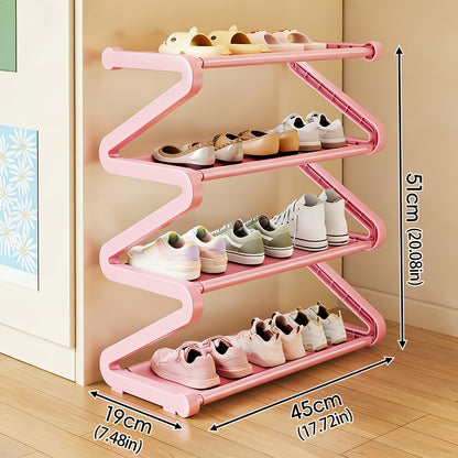 Z-Shaped Shoe Rack with Listed Four-Tier Design and Tool-Free Assembly, Metal Tubes and Plastic Connectors in Five Color and Model Options for Dorm Storage