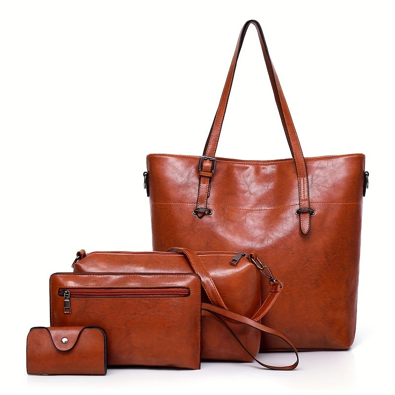 Retro PU Handbag Set for Women, Listed Four-Piece Tote, Crossbody, Shoulder Bag and Wallet Collection in Brown Plus, Black Plus or Blue for Shopping and Date Nights