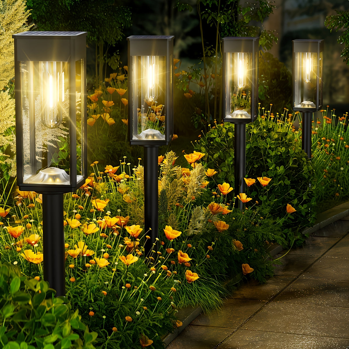 Solar Garden Lamps with Listed Warm White Light, Four-Piece Box, Six-Piece Box or Six-Set Option Labels for Courtyard, Terrace and Walkway Landscape Decoration