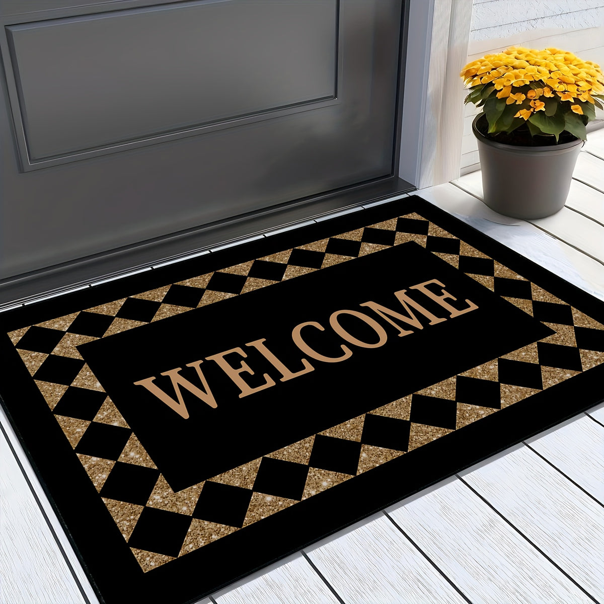 Black Welcome Doormat, Indoor Entrance Floor Mat in 16 x 24 or 20 x 32 Inch Size Options for Home Entryways, Hallway Decor and Housewarming Gift Ideas