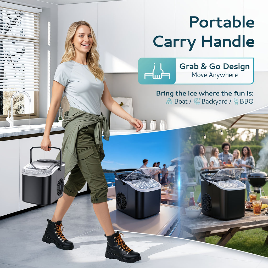 Carry-Handle Countertop Ice Maker with Bullet or Nugget Ice Option Labels, Self-Cleaning Wording, Basket and Scoop for Kitchen and Office Drink Preparation