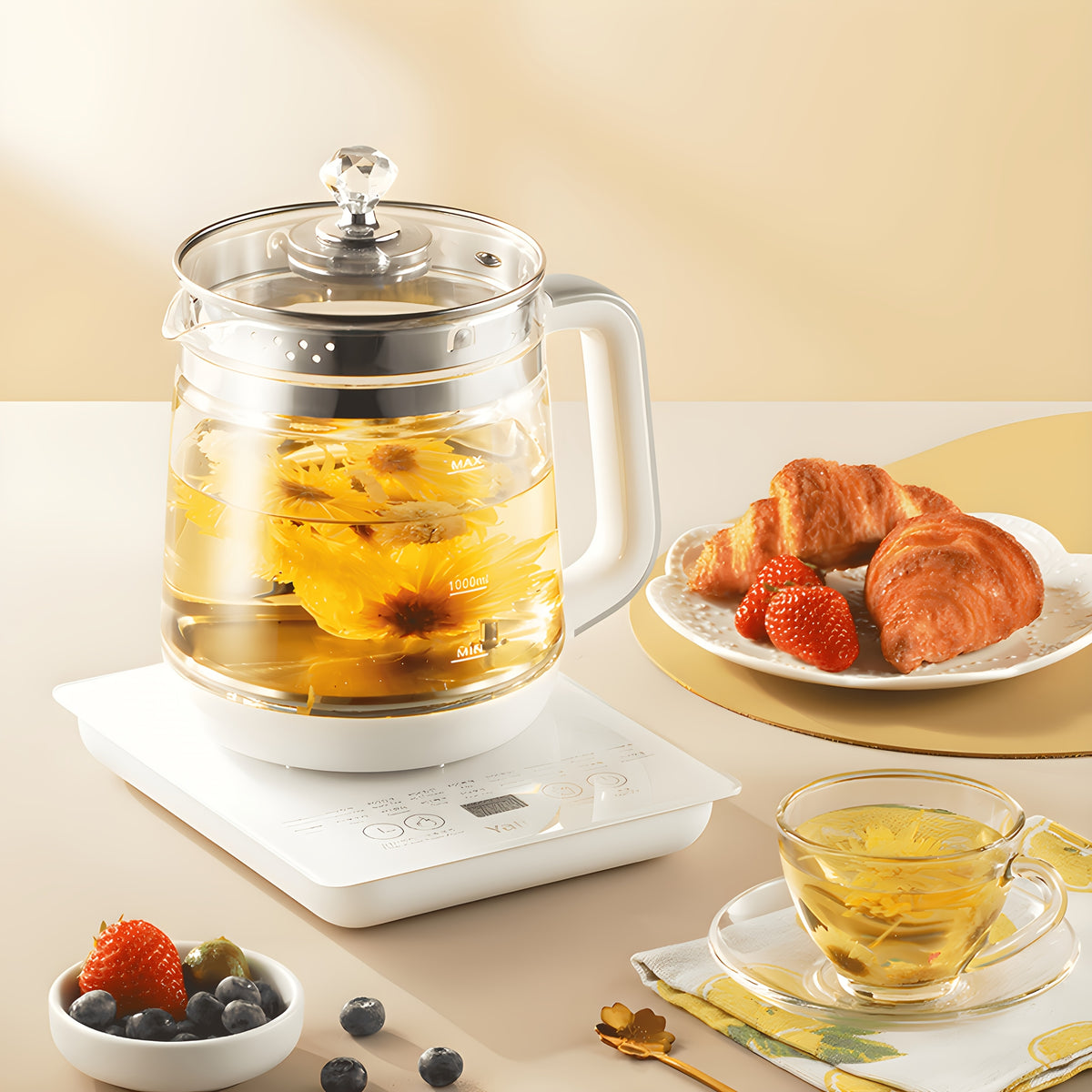 18 Smart Functions Glass Health Kettle, 1.8L/60.87Oz Electric Tea Kettle with Infuser, Removable Filter and Egg Steamer, Multifunctional Kettle for Boiling Water, Coffee, Porridge, Soup, Stew and Slow Cooking, US Plug