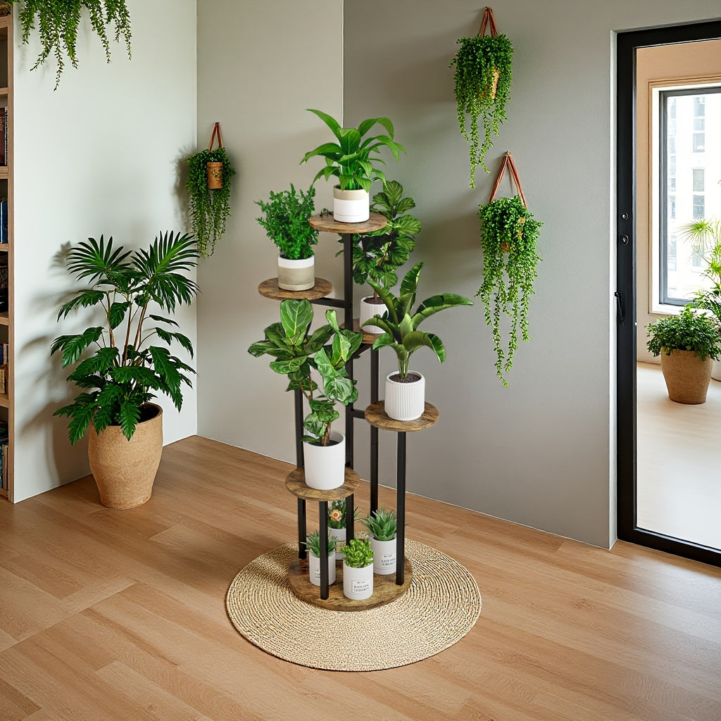 Six-Tier Metal Plant Stand by SUOERNUO with Listed Nine-Pot Display Layout, EVA Base Pads and Black or White Options for Indoor Corner Decor