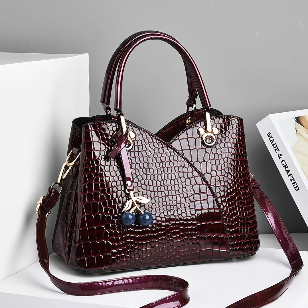 Faux Crocodile Texture Handbag, Women's Burgundy or White Fashion Bag with Cherry Pendant, Zipper Closure and Polyester Lining for Shoulder and Crossbody Styling