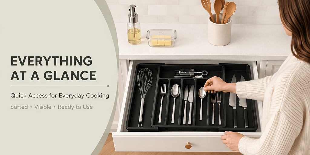 Expandable Silverware Drawer Organizer, BPA-Free Adjustable Plastic Cutlery Tray in Black or White for Kitchen Spoon, Fork and Knife Storage
