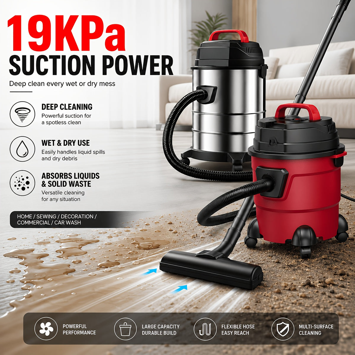 Bucket Wet Dry Vacuum Cleaner for Home and Car Cleanup, 5.28-Gallon and Upgraded 6.6-Gallon Model Options with Optional Accessory Bundles