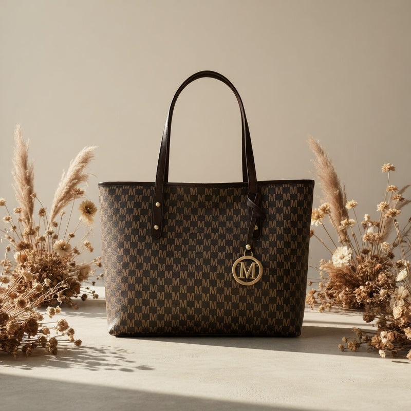 Vintage Floral Shoulder Handbag with Faux Leather Design, Gold-Tone M Pendant and Zipper Closure in Coffee, Black, White or Light Pink for Everyday Outfits