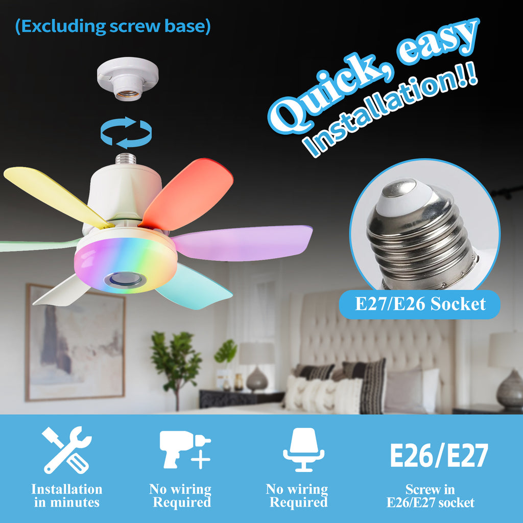 RGB Speaker Ceiling Fan Light with E26/E27 Socket Base, Remote Control, 3 Fan Speeds, Dimmable 3000K–6500K White Lighting and Music Rhythm Effects