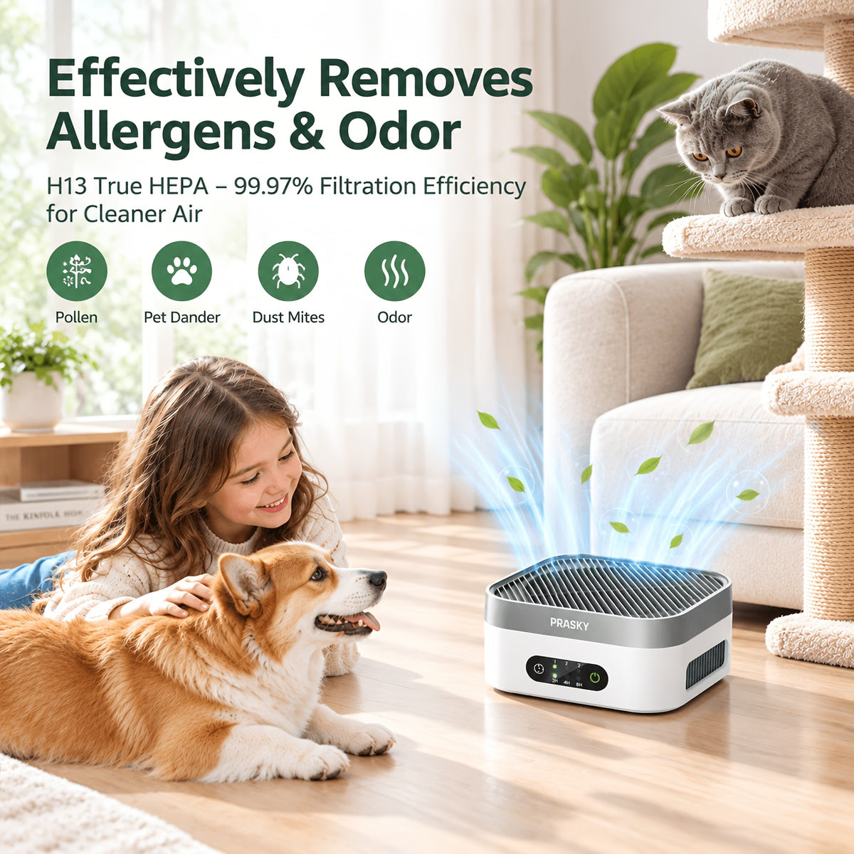 USB-C HEPA Air Purifier with 3-Stage Filtration, Sleep Mode, Three Fan Speeds and Touch Timer, Portable Air Cleaner for Bedrooms and Home Offices