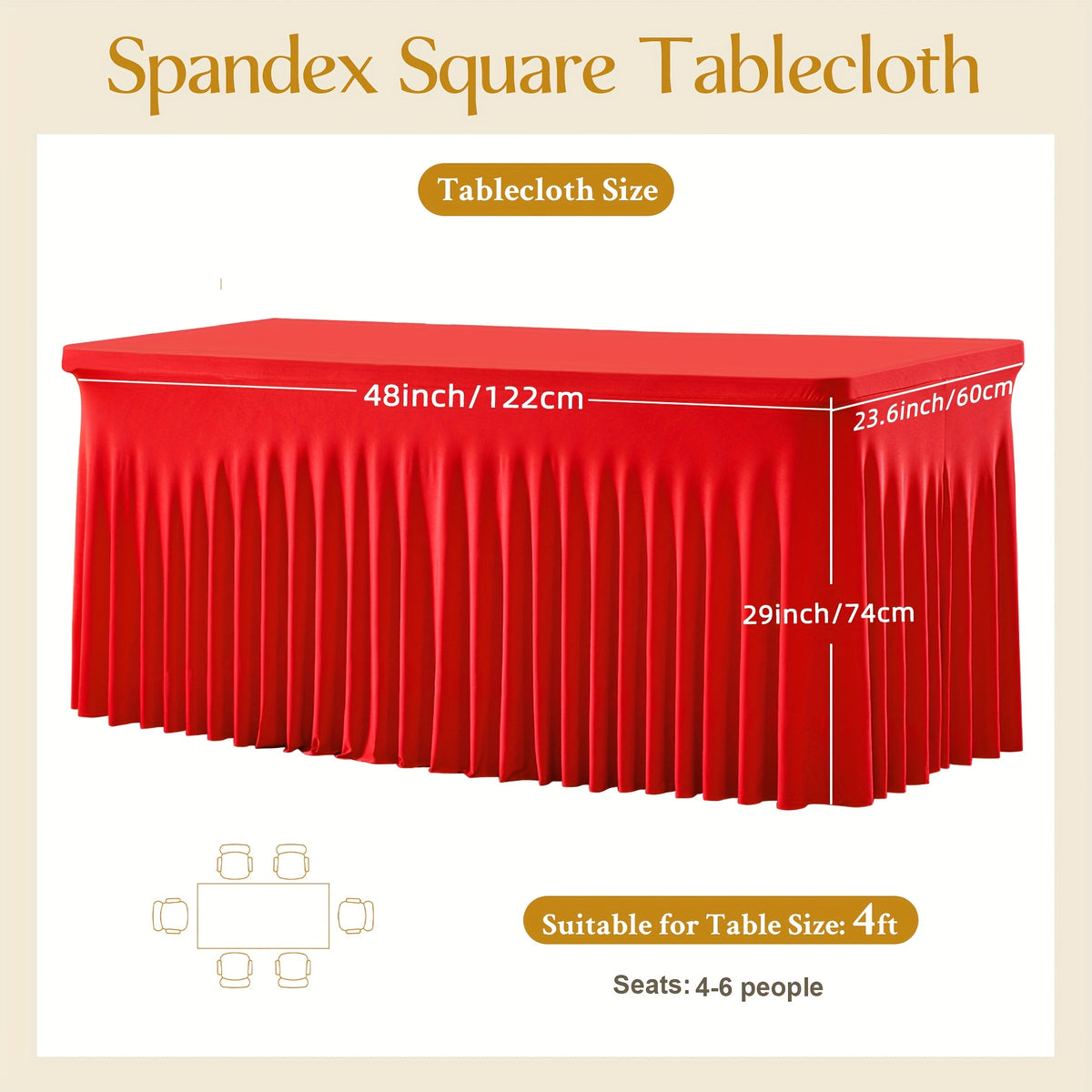 Elastic Polyester Table Cover with Wave Fold Skirt Styling, 4ft or 6ft Table Size Labels in Five Colors for Wedding Buffets, Birthday Parties and Banquet Displays