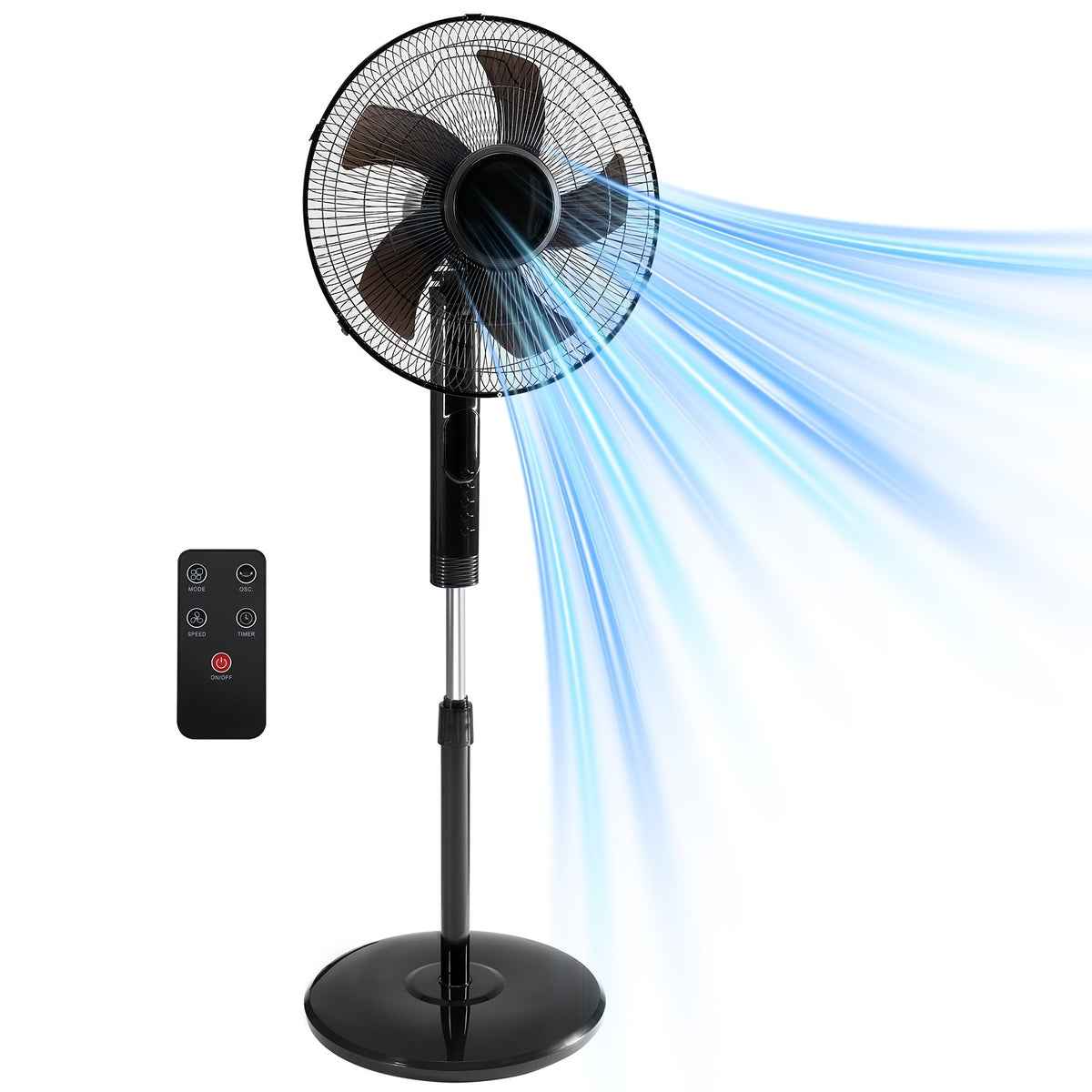 Adjustable Height Pedestal Fan in Black with Remote Control, 45–53 Inch Standing Design, 80° Oscillation, Three Speeds, Three Modes and 12-Hour Timer