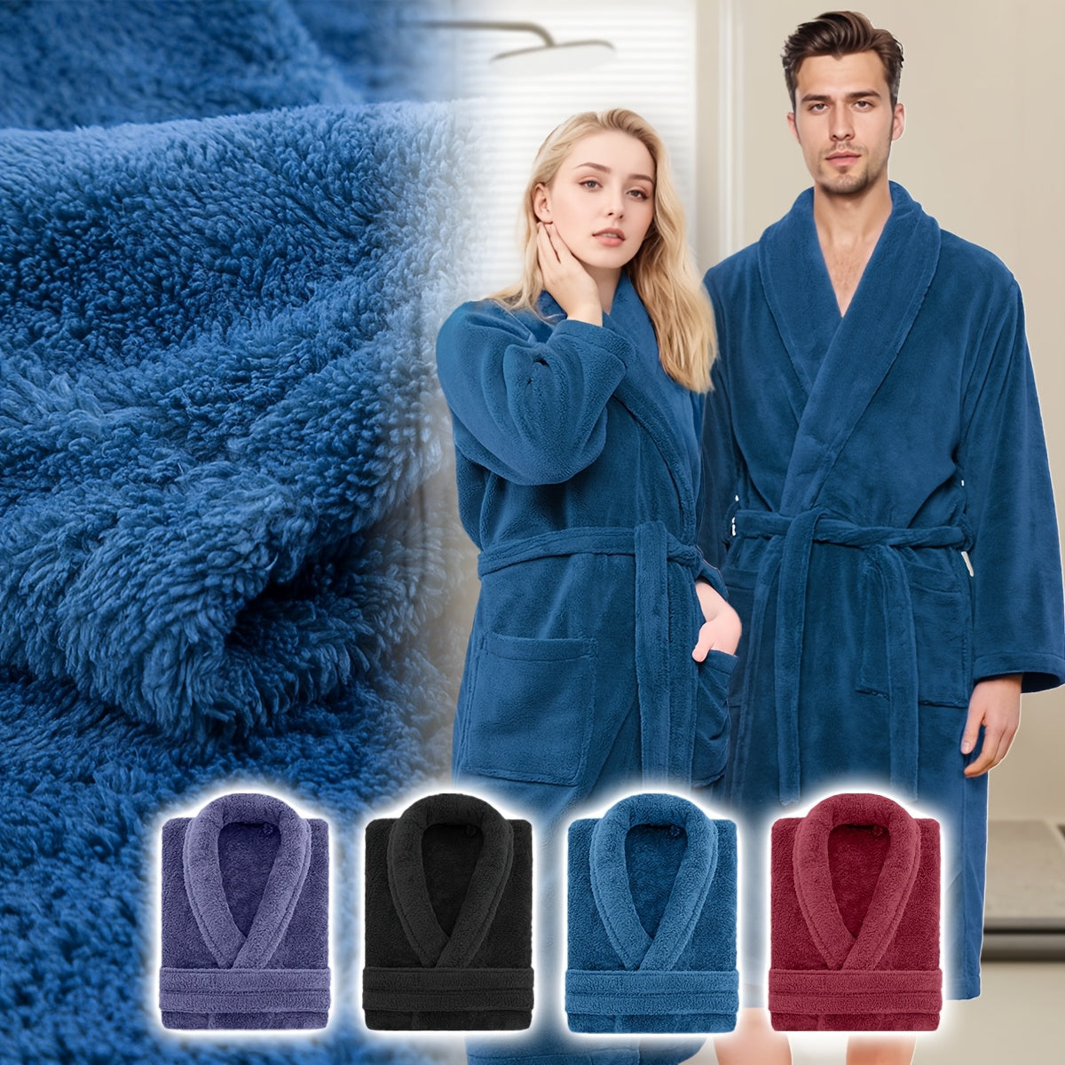 Coral Fleece Bathrobe for Men and Women with Shawl Collar, Adult Home Lounge Robe in S, M, L or XL Size Labels and Four A–D Color Selections