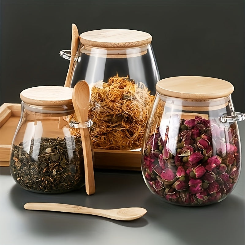 Glass Storage Jar with Spoon, Single Sealed Kitchen Canister in 350ml, 600ml or 1000ml Options for Coffee, Sugar, Tea, Salt, Candy and Spice Organization