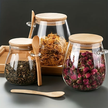 Glass Storage Jar with Spoon, Single Sealed Kitchen Canister in 350ml, 600ml or 1000ml Options for Coffee, Sugar, Tea, Salt, Candy and Spice Organization