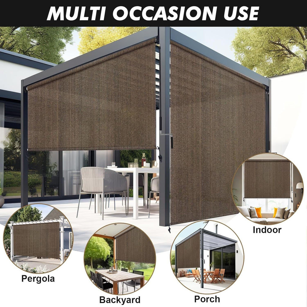 Outdoor Roller Shade in Gray or Mocha, Cordless Roll Up Patio Blind with 220GSM HDPE Fabric, One-Piece Panel and Seven Sizes for Porch, Deck and Balcony