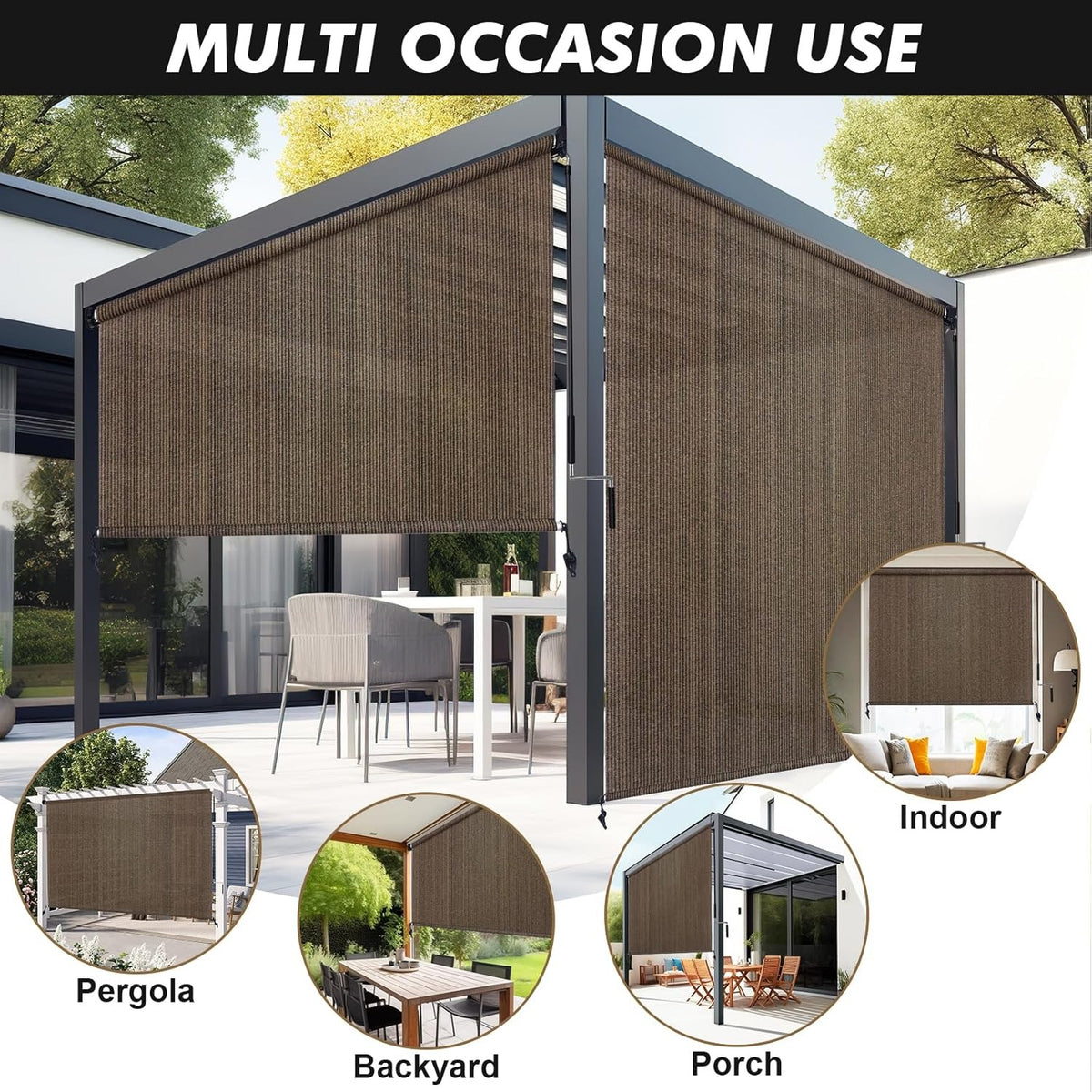 Outdoor Roller Shade in Gray or Mocha, Cordless Roll Up Patio Blind with 220GSM HDPE Fabric, One-Piece Panel and Seven Sizes for Porch, Deck and Balcony